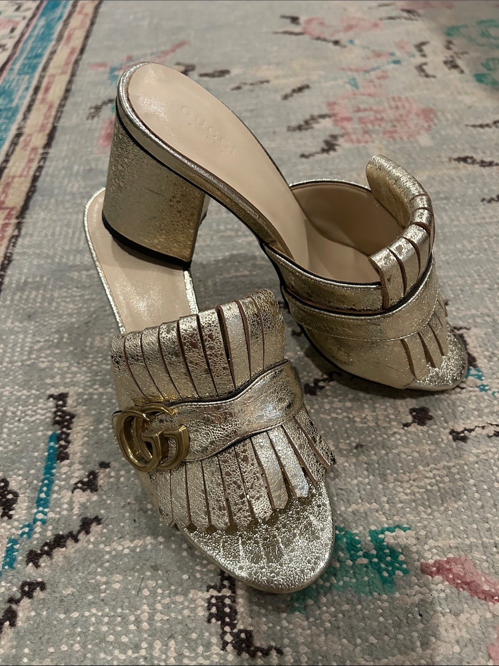Metallic Gold Fringe Block Heel Mules with Logo Accent. Size EU 39.